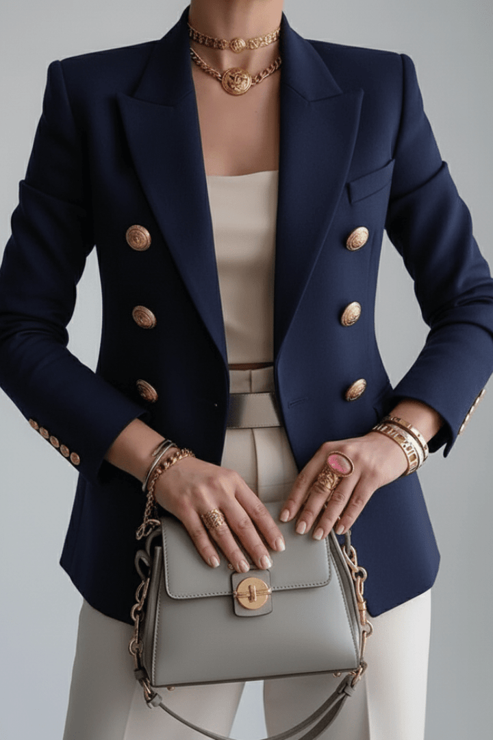 Sleek blue women's tailored blazer, ideal for versatile layering, professional workwear, or smart casual outfits.