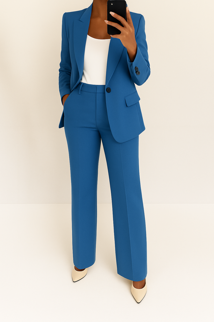 Elegant women's 2-piece blazer & wide-leg pants suit set. Perfect for formal office wear and business.