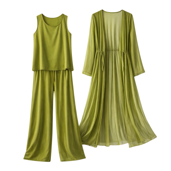 Versatile women's elegant lounge set: wide leg pants, long cardigan & sleeveless top. Casual chic fashion for comfort.