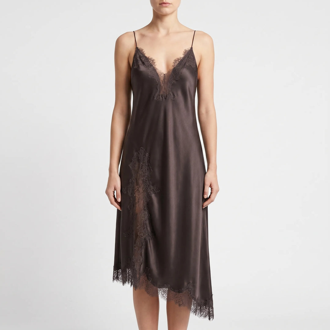 Chic sleeveless asymmetrical midi slip dress for women, featuring a flattering v-neck, ideal for summer or cocktail parties.