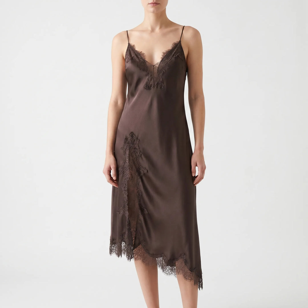 Effortless elegant asymmetrical slip midi dress for women, sleeveless with a V-neck, perfect for evening or summer wear.