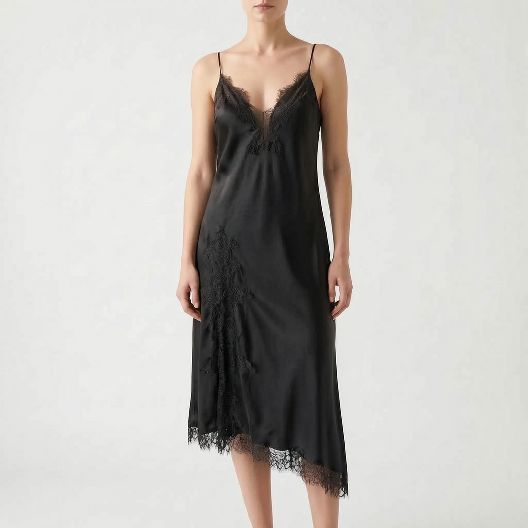 A stunning women's asymmetrical slip dress, midi length with delicate lace trim, v-neck, and a stylish sleeveless design.