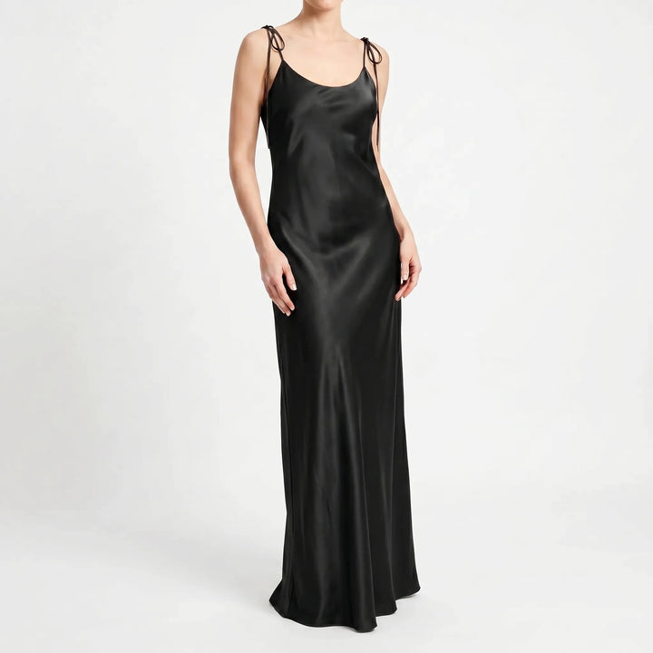 Luxurious women's backless floor-length slip gown, an elegant & comfortable choice for evening wear.