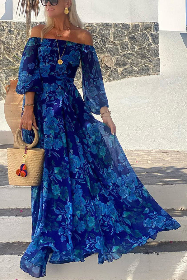 Elegant women's blue floral boho off-shoulder maxi dress, perfect for a wedding guest, summer party, or vacation.