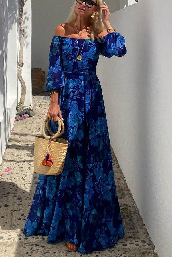 Flowy boho floral off-shoulder maxi dress for women, ideal for garden parties, summer events, or elegant vacation wear.