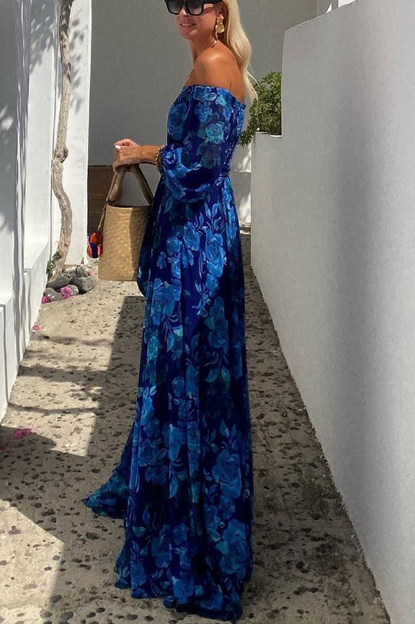 Women's charming off-shoulder blue floral boho maxi dress, a stylish choice for wedding guests & warm-weather occasions.