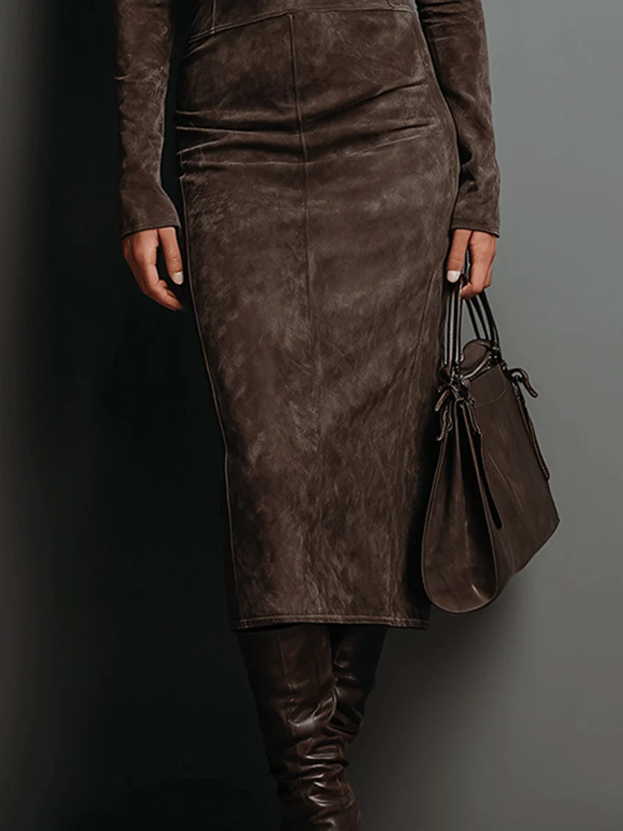 Chic women's bodycon midi dress, long sleeve turtleneck style, perfect for elegant semi-formal and sophisticated occasions.