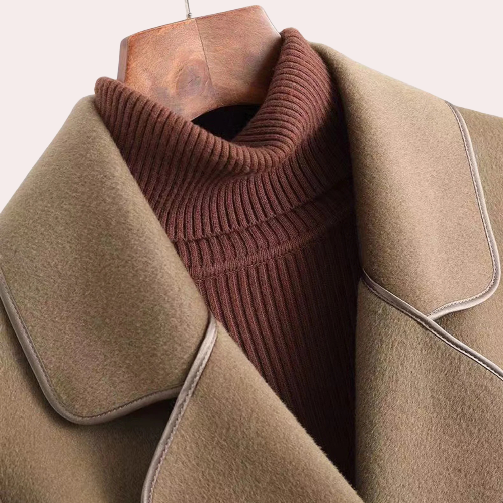 Sophisticated women's brown belted jacket, a chic outerwear option for versatile elegant spring and fall fashion.