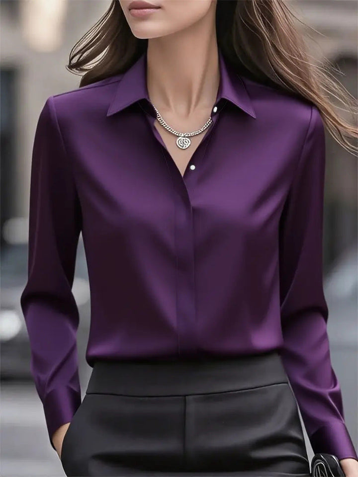 Business casual women's elegant blouse. Button-front, long sleeve for office, work, and stylish occasions.