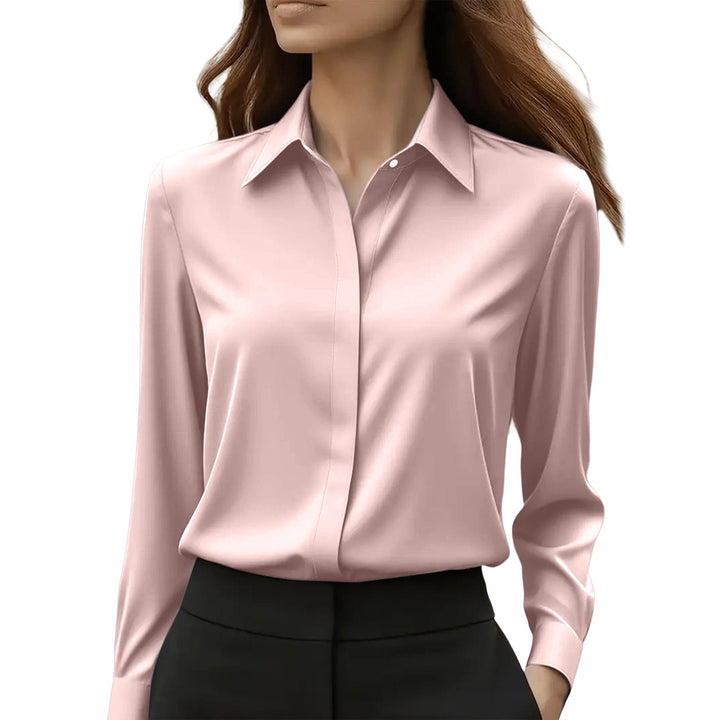Women's elegant office blouse, button-front design. Sophisticated long sleeve top for work & evening.