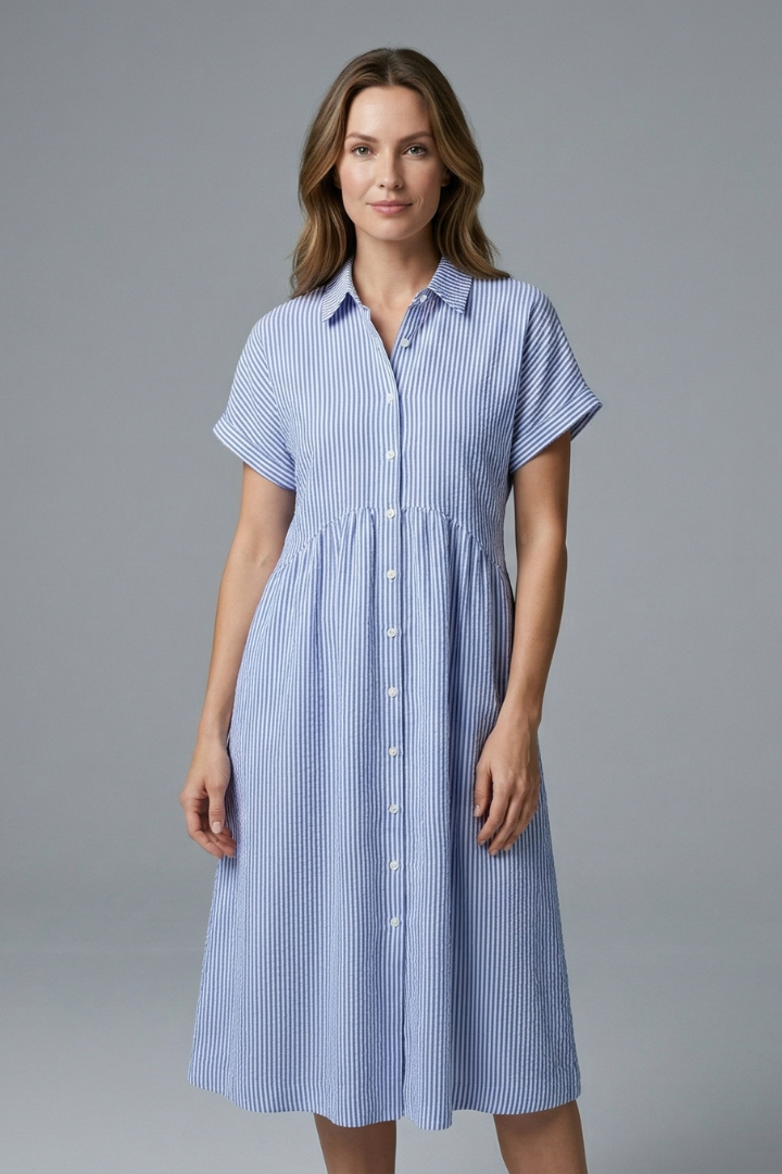 Stylish women's midi dress with button-front & collar, ideal for elegant day or office fashion.