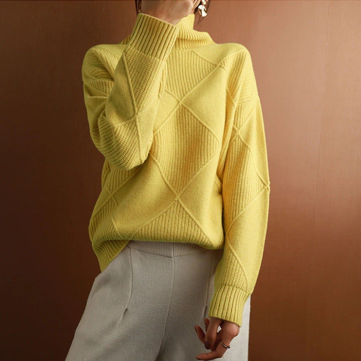 Fashionable women's elegant turtleneck sweater, cozy & warm for everyday fall style & winter comfort. Chic pullover.