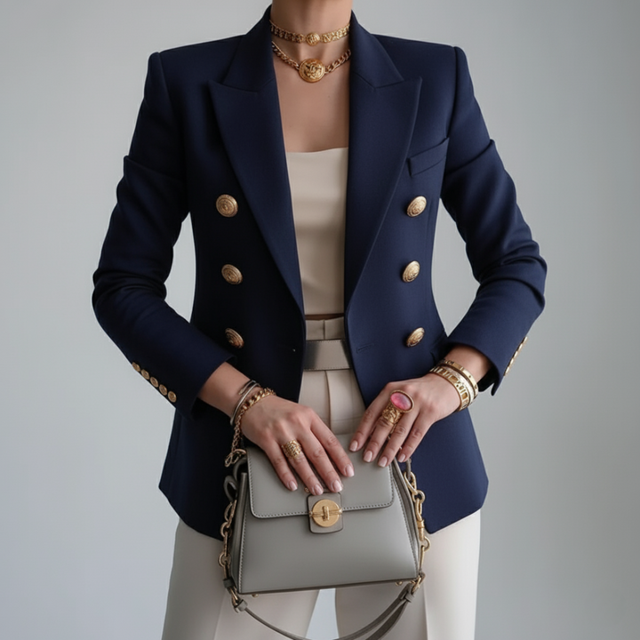 Sophisticated women's tailored blazer, double-breasted with stylish gold buttons, long sleeve, perfect for business casual.