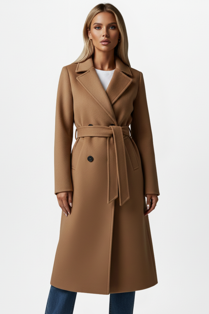 Women's elegant double-breasted long coat featuring a stylish notch collar and belted waist for professional wear.