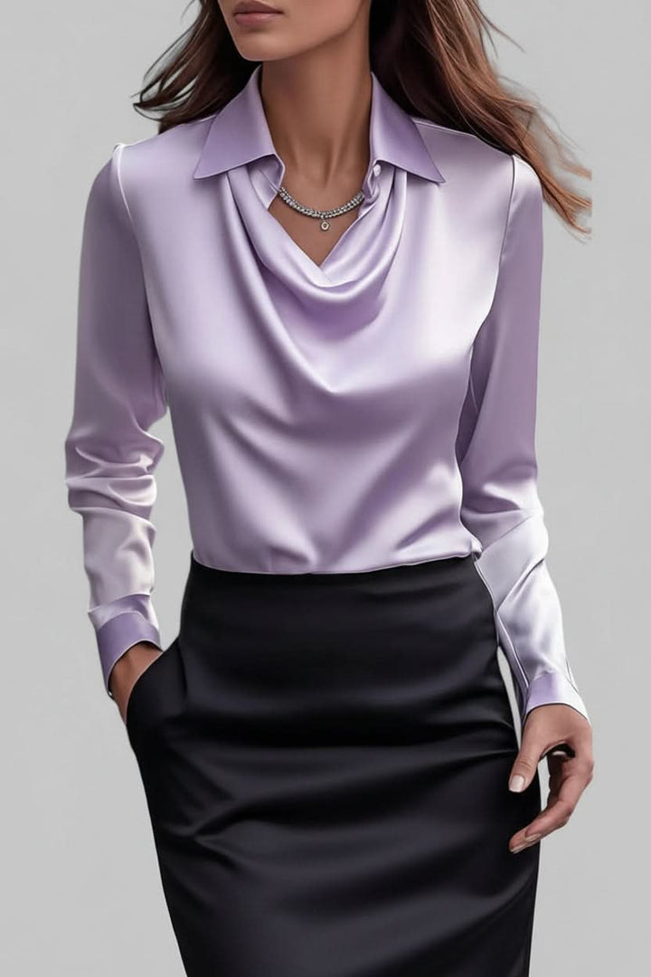 Feminine long-sleeve draped blouse for women, an elegant top suitable for day to night fashion.
