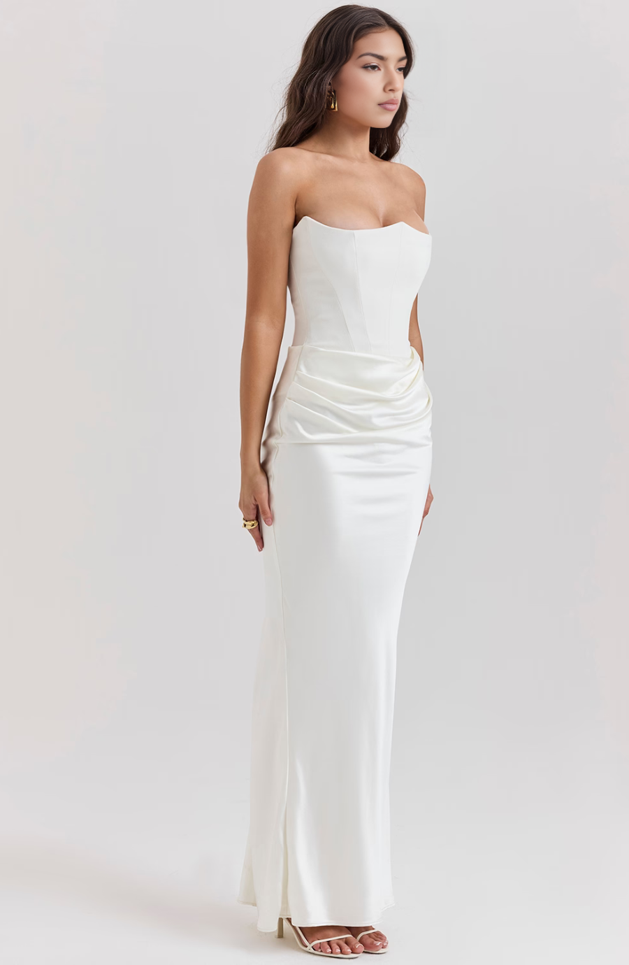 Elegant draped strapless party dress, perfect for homecoming or evening.