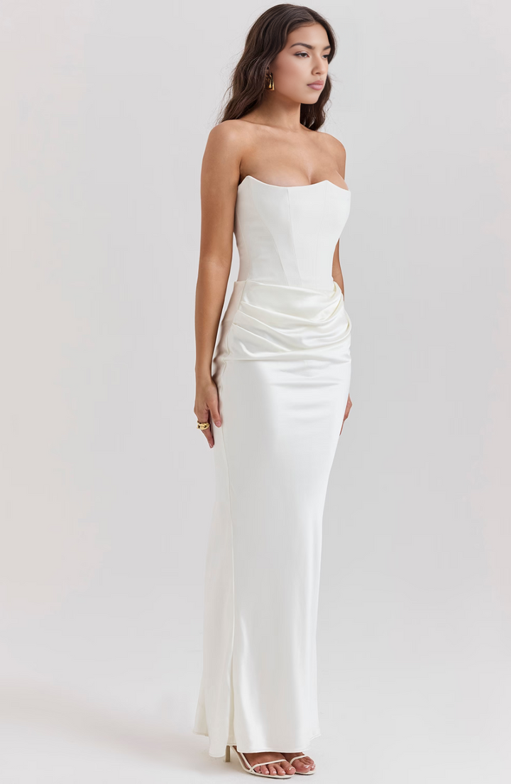 Elegant draped strapless party dress, perfect for homecoming or evening.