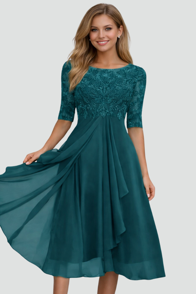 Sophisticated women's evening midi dress, a stunning formal gown with three-quarter sleeves for any special event.