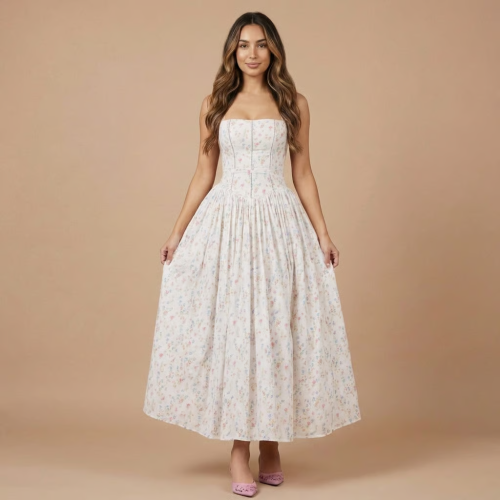 Women's elegant floral midi dress with a corset bodice, ideal for wedding guests or summer events.