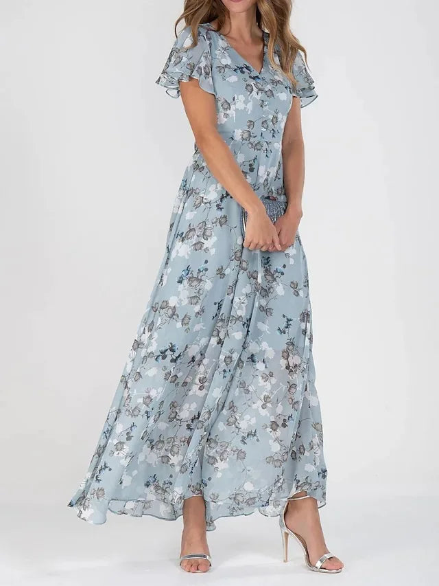Elegant women's V-neck maxi dress featuring a beautiful floral print and delicate flutter sleeves. Perfect for formal wear.