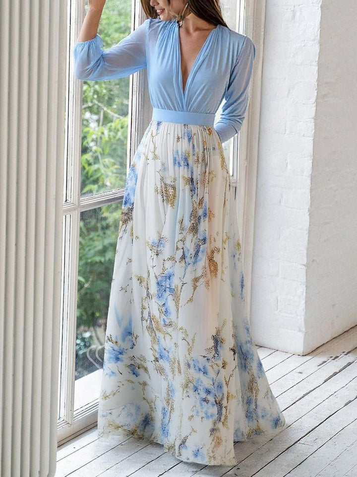 Feminine V-neck floral maxi dress for women, ideal for casual chic or elegant party wear in spring/summer.
