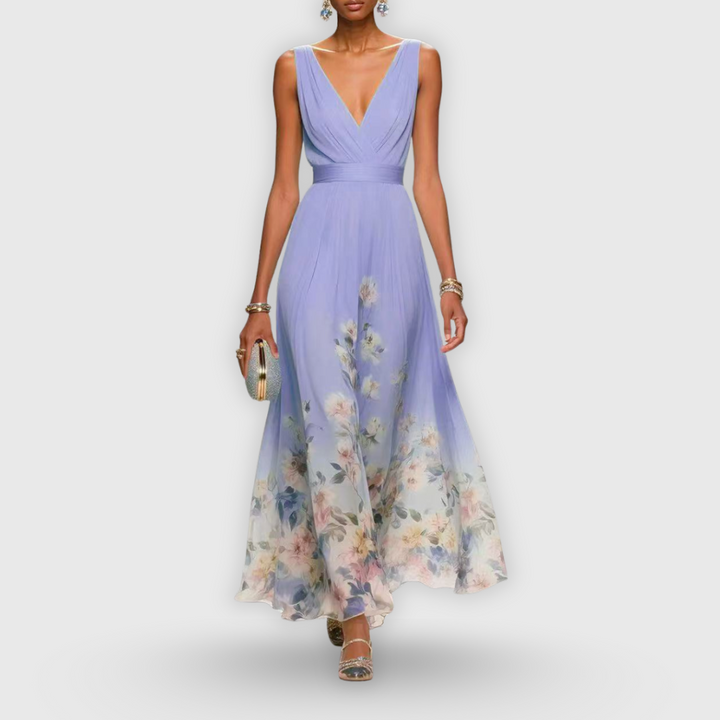 Elegant floral long dress for women, a V-neck sleeveless gown perfect as a summer celebration outfit.