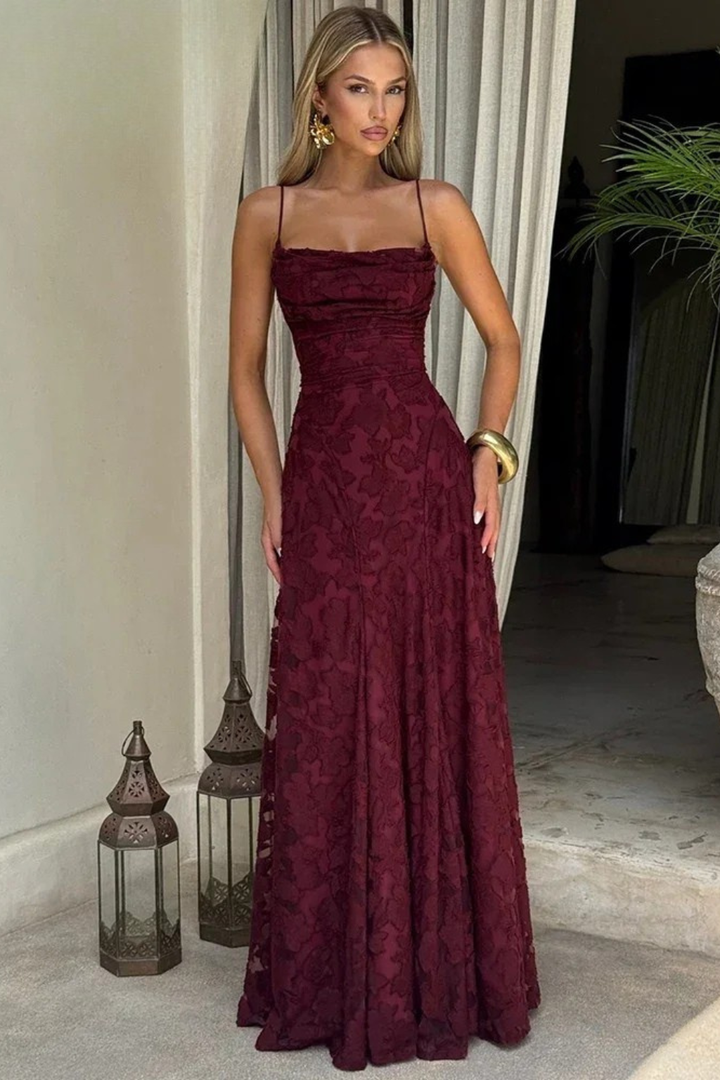 Women's elegant floral maxi dress, formal evening gown with lace-up back and flowing skirt. Perfect party attire.