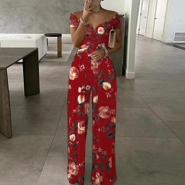 Comfortable women's floral off-shoulder wide-leg jumpsuit, great for vacations or casual wear.