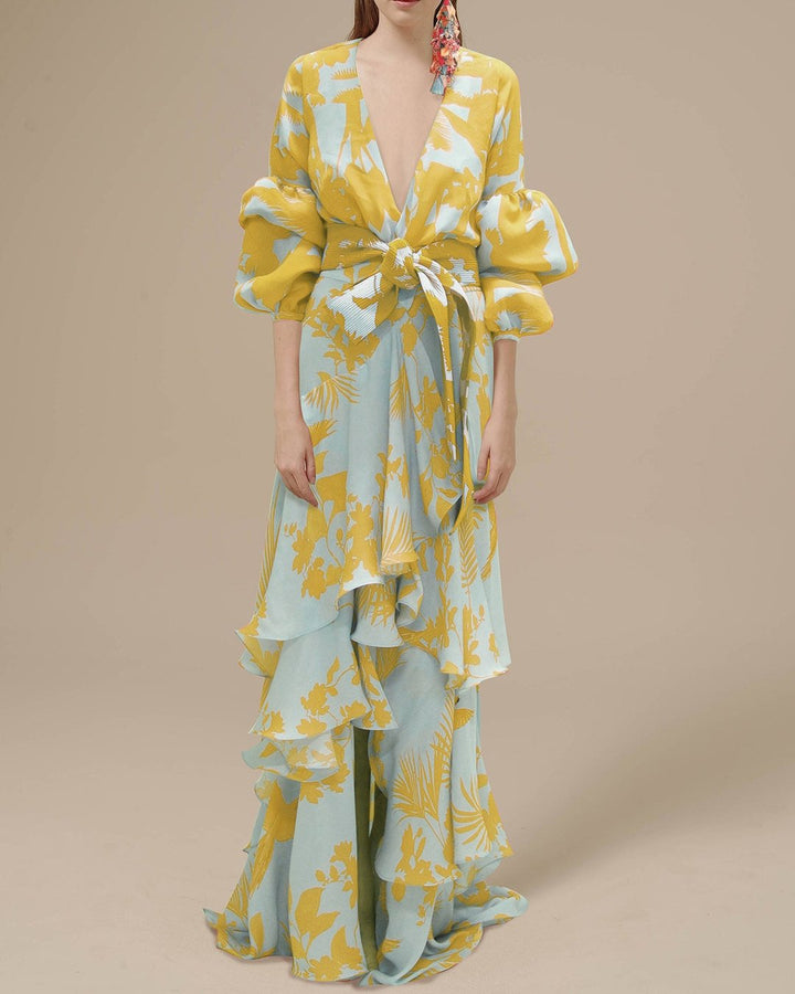 Elegant women's floral ruffle maxi dress with long sleeves & belt, perfect for parties & wedding guests.