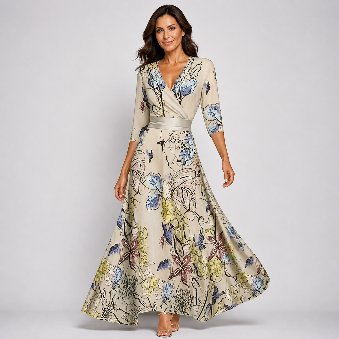 Elegant women's floral V-neck wrap maxi dress, perfect for summer parties, vacation, or special occasions.