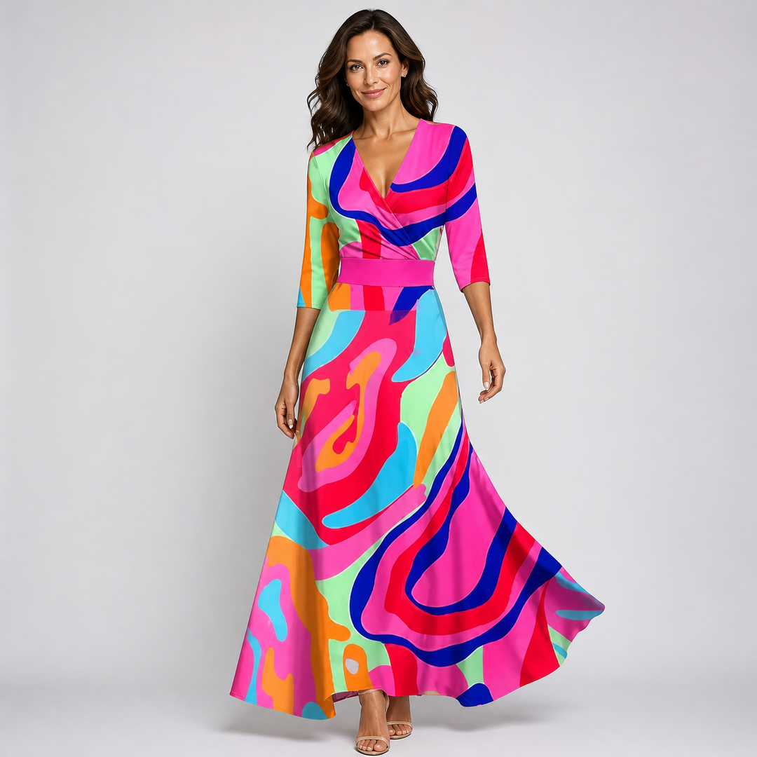Women's elegant V-neck wrap maxi dress with a vibrant floral print, a flattering and comfortable summer choice.
