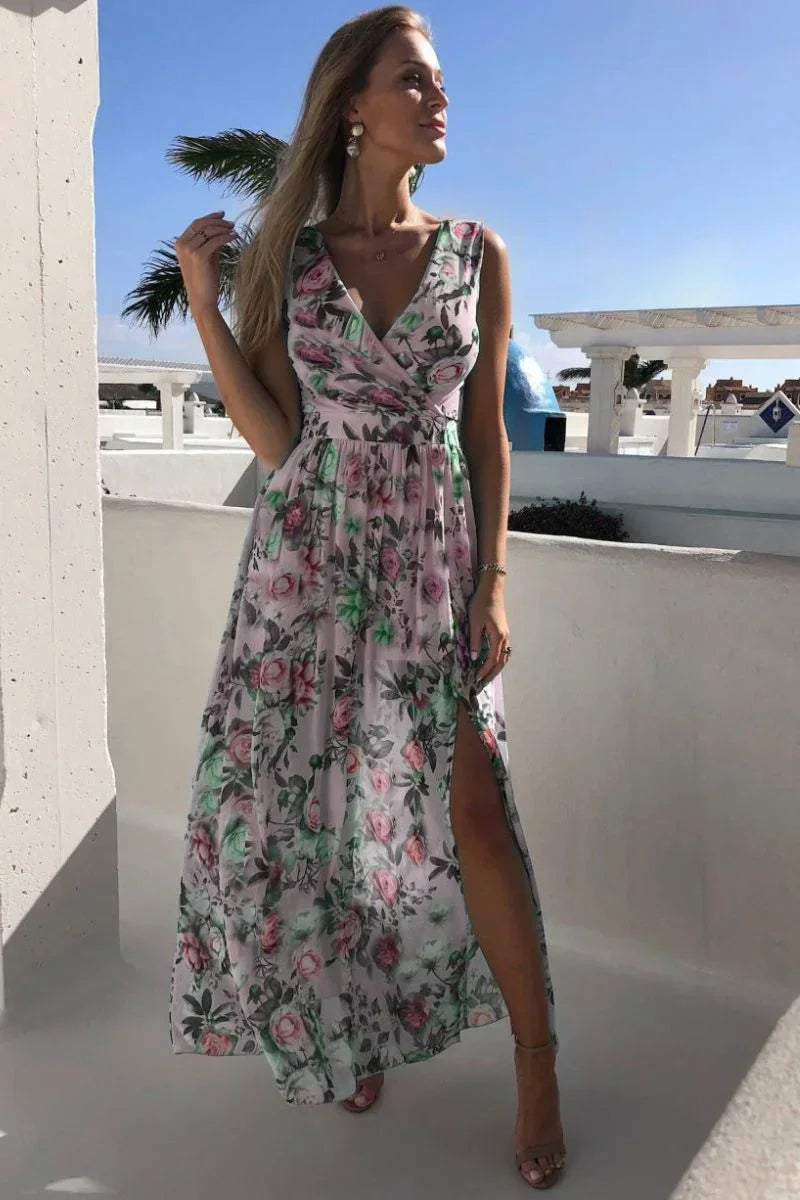 Women's elegant floral pattern maxi dress with a flattering wrap design, perfect for summer & vacation.