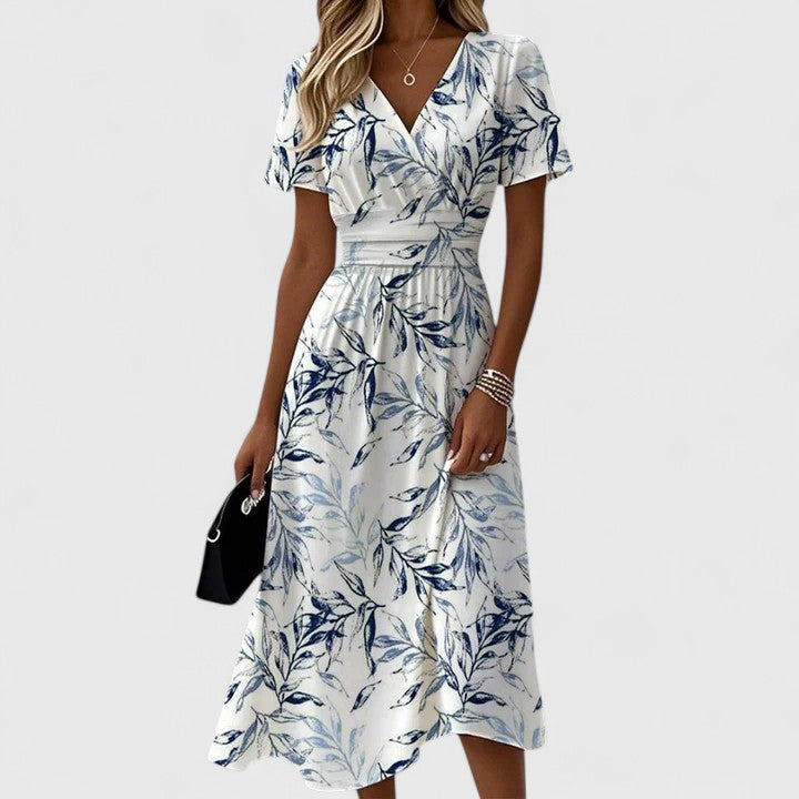 Elegant women's floral wrap midi dress with a chic V-neck, short sleeves, perfect for spring & summer occasions.