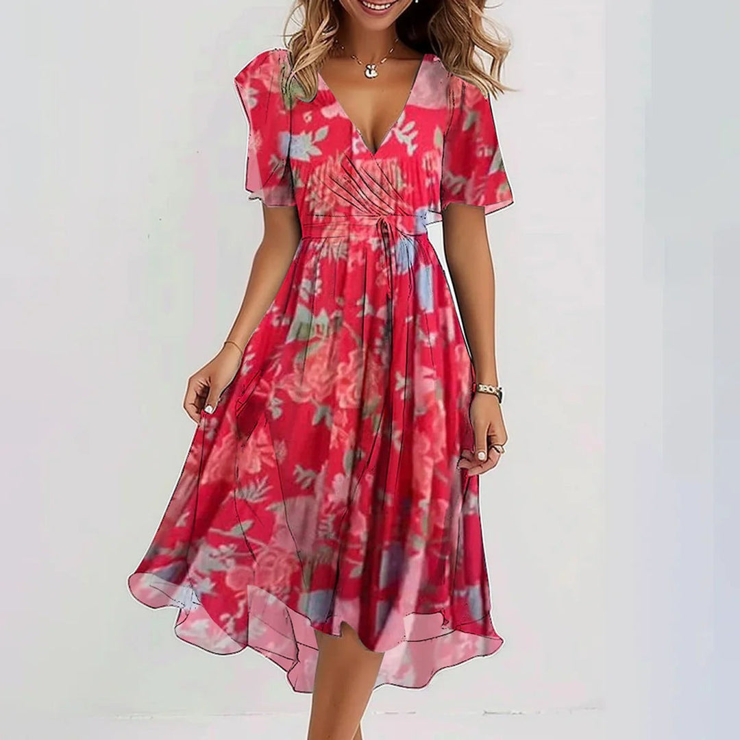 Gorgeous floral wrap midi dress with elegant flutter sleeves, a perfect women's summer or wedding guest outfit.