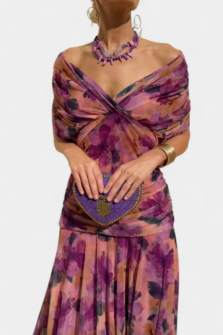 Elegant women's V-neck maxi dress with ruched waist, perfect for parties, events, and special moments.