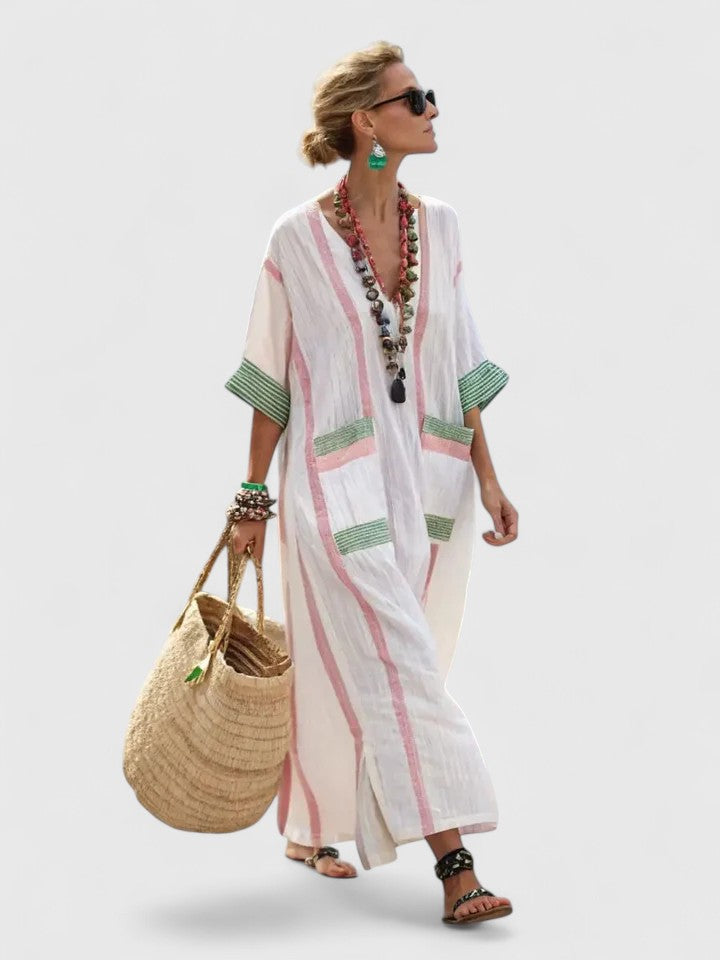 Elegant women's flowy maxi dress, perfect for evening wear or sophisticated casual chic style. Effortless comfort.