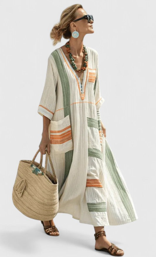 Beautiful women's elegant flowy maxi dress, perfect for a sophisticated look in spring, summer, or evening.