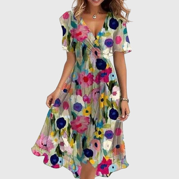Women's comfortable flowy midi dress with delicate flutter sleeves & V-neck, offering effortless chic style for any event.