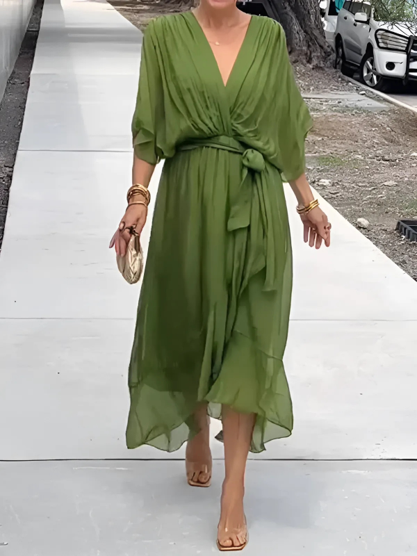 Elegant women's flowy V-neck maxi dress with a flattering belt. Comfortable & stylish for summer and vacation.