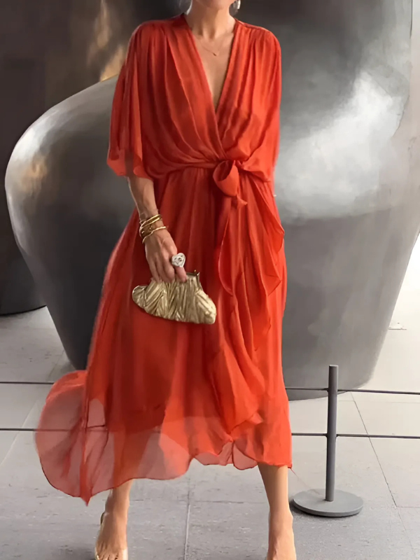 Comfortable women's flowy V-neck maxi dress. This elegant belted design is perfect for summer fashion & vacations.