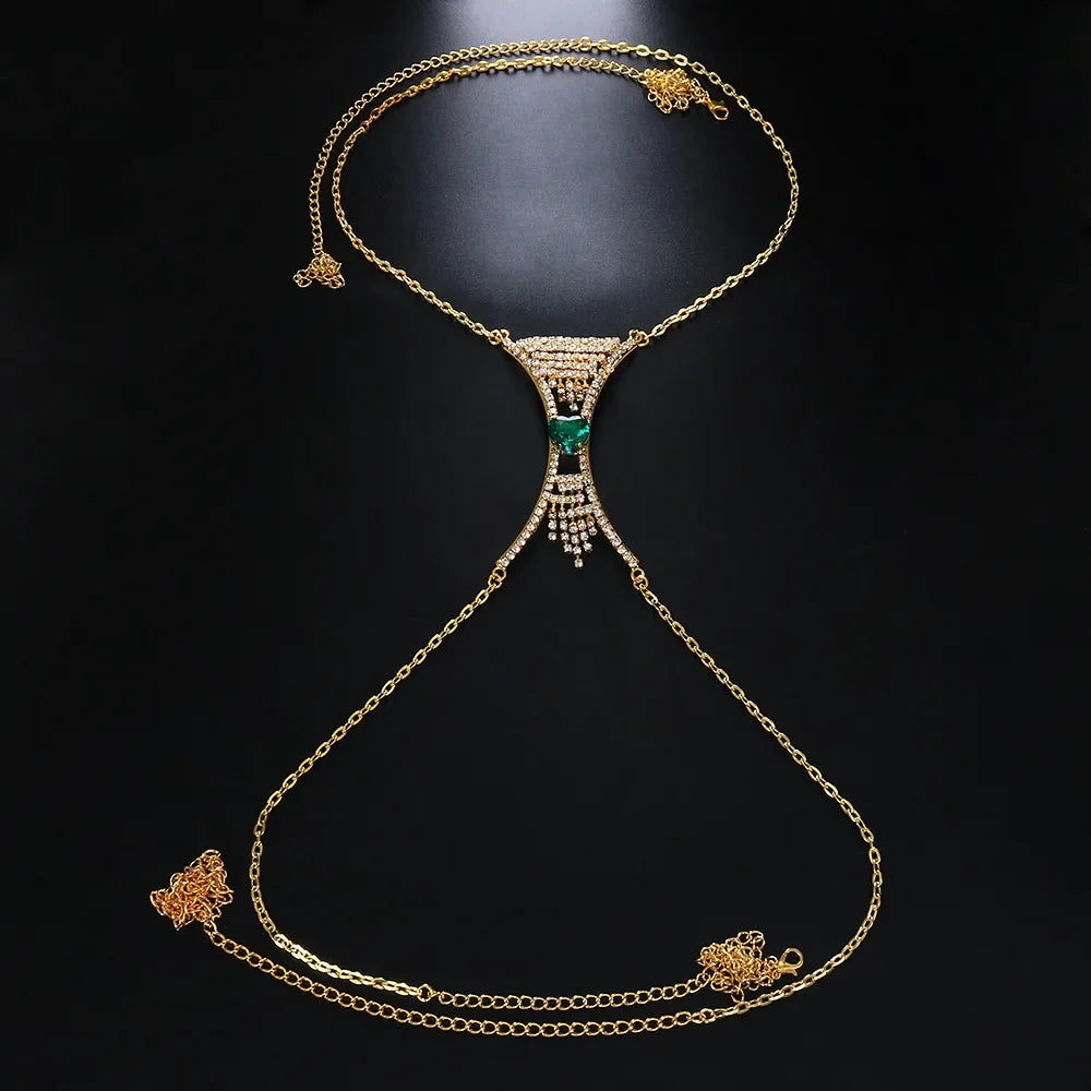 Dazzling women's heart crystal chest body chain, an intricate rhinestone jewelry piece for elegant party glam.