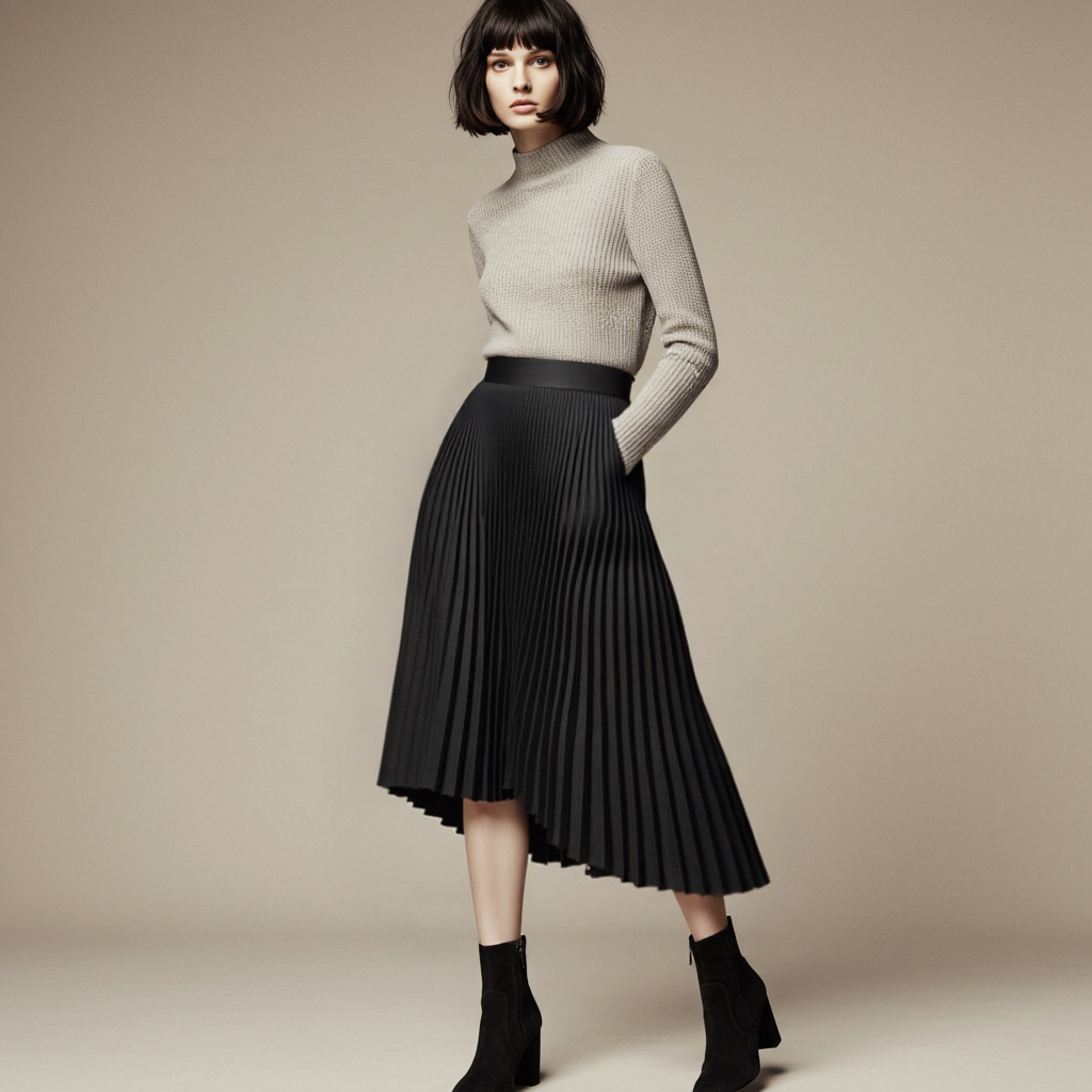 Versatile women's high-waisted pleated midi skirt, ideal for both formal wear and casual chic outfits.