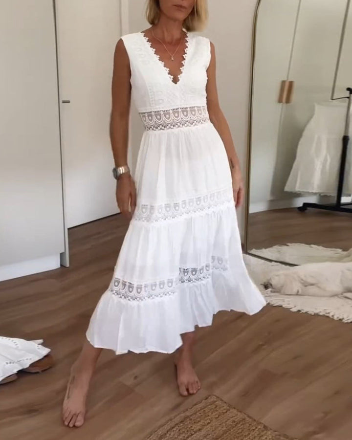 Elegant women's lace midi dress, sleeveless A-line design with a V-neck, perfect for summer casual wear.