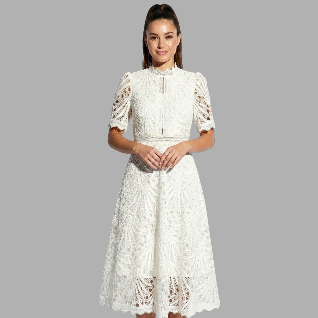 Sophisticated women's midi dress featuring delicate lace & short sleeves. Ideal for elegant formal wear, parties & evening occasions.