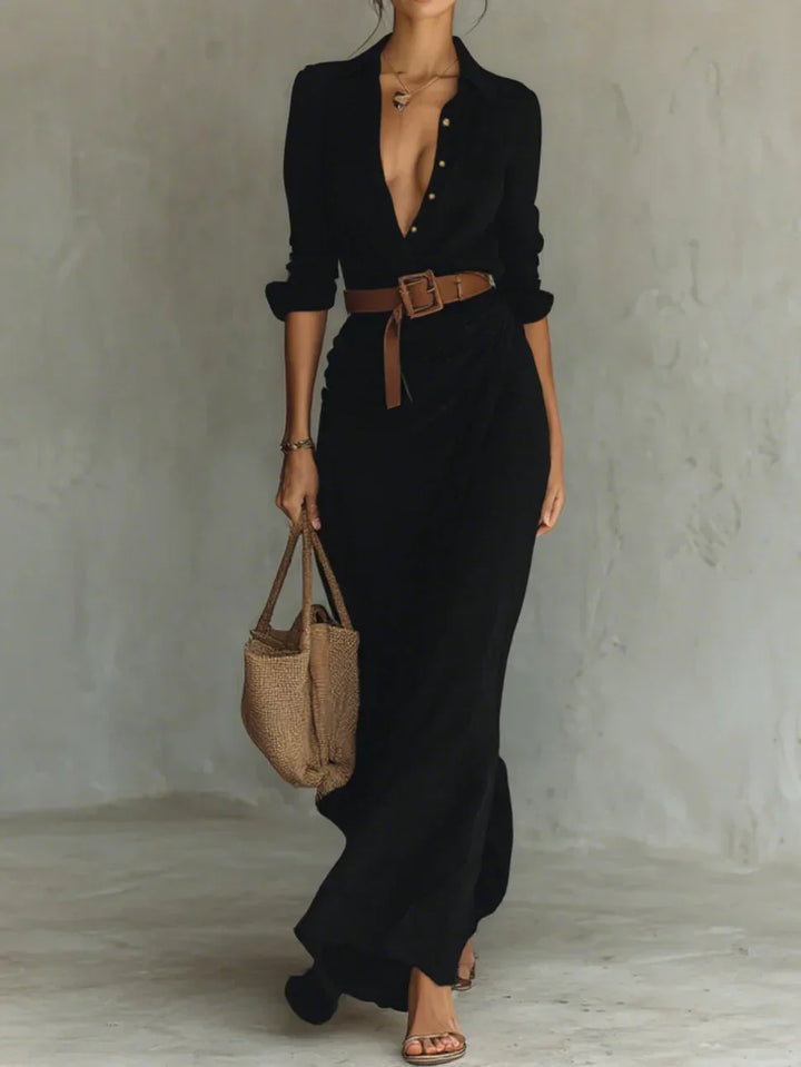 Women's long sleeve maxi dress with lapel neckline & belt, a versatile and classic fall fashion statement.