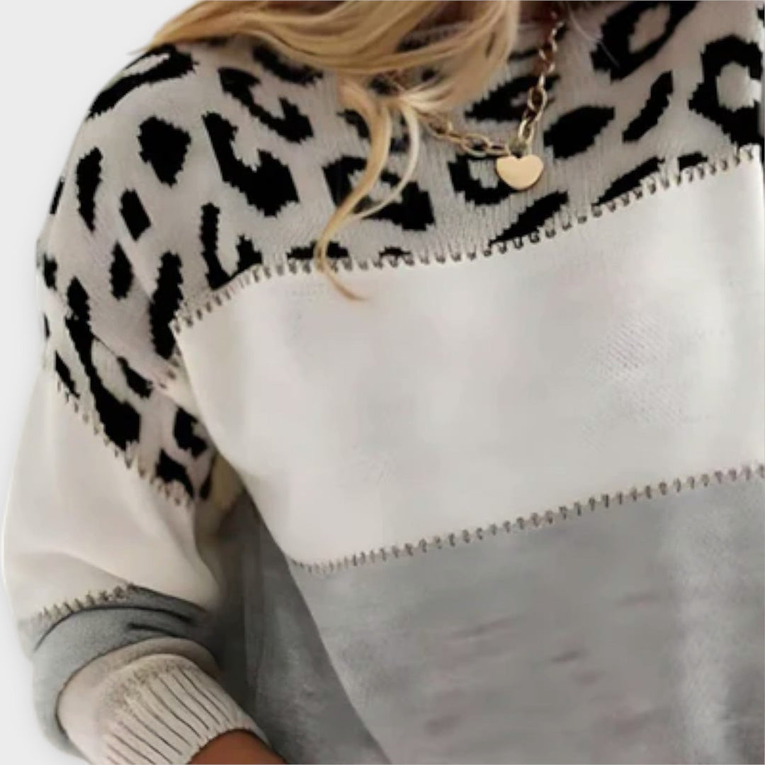 Chic gray leopard print sweater for women, a cozy long-sleeve top perfect for elegant fall and winter style.