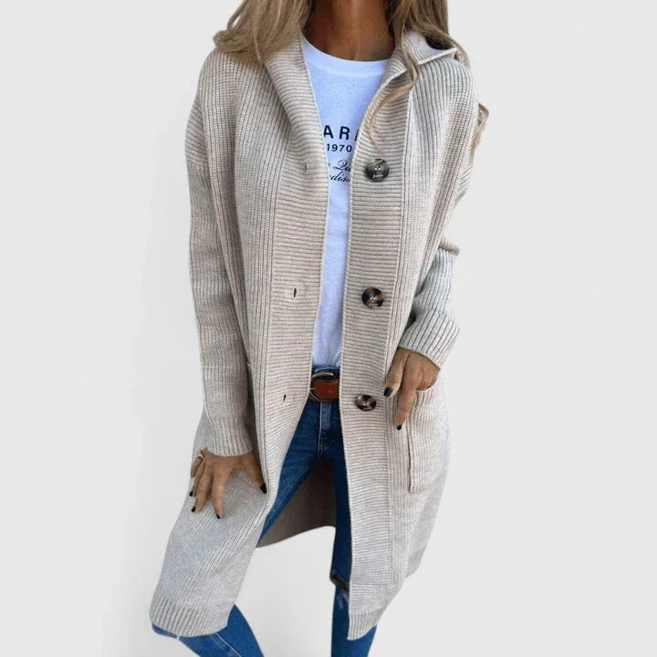 Elegant women's long sleeve cardigan in a chic neutral tone, perfect for versatile spring layering & comfortable style.