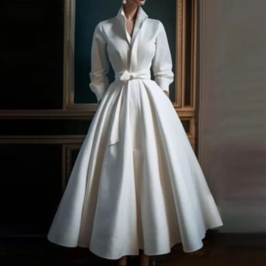 Elegant women's long sleeve V-neck A-line midi dress, perfect for sophisticated formal occasions or spring/summer events.
