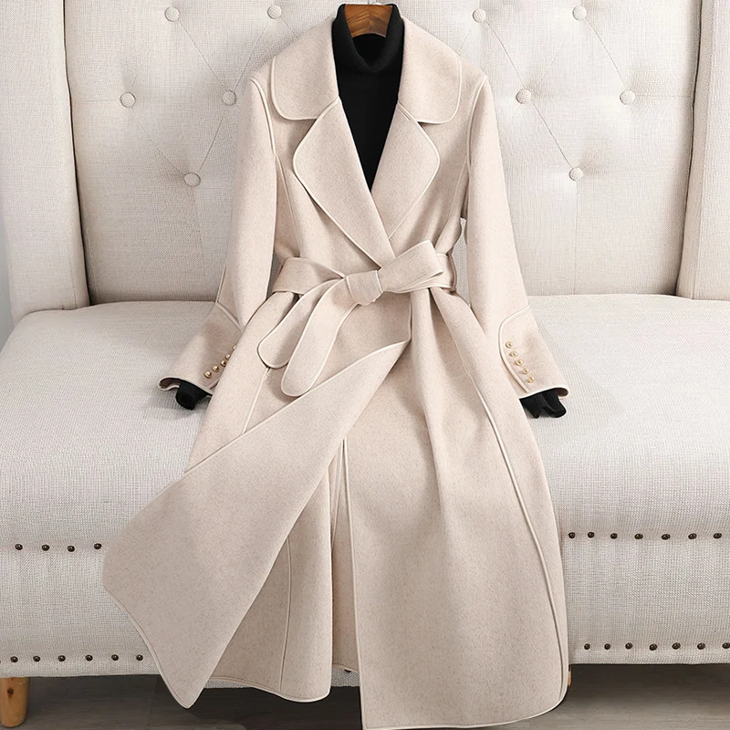 Versatile women's long trenchcoat, an elegant belted long coat for stylish autumn, winter, and formal wear.