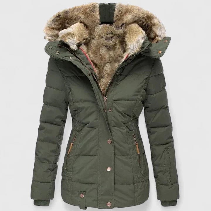 Elegant women's long winter coat, warm and cozy, perfect for cold weather. Stylish outerwear.
